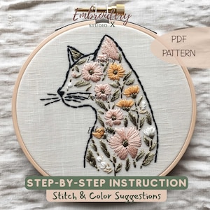 Cat Silhouette Floral Embroidery Pattern - Elegant PDF Design for Cat Embroidery and Flower Cat Art - Animal Stitch Design with Flowers
