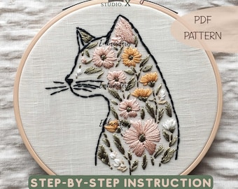 Patrón de bordado floral con silueta de gato: elegante diseño en PDF para bordado de gatos y arte floral de gatos: diseño de puntada de animal con flores