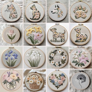 May include: A collection of embroidered hoops featuring various designs. The designs include cats, dogs, paw prints, flowers, and floral arrangements. Each design is meticulously crafted with colorful thread on a neutral fabric background, set in wooden hoops.