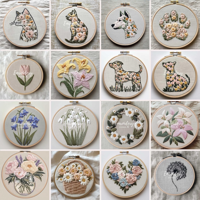 May include: A collection of embroidered hoops featuring various designs. The designs include cats, dogs, paw prints, flowers, and floral arrangements. Each design is meticulously crafted with colorful thread on a neutral fabric background, set in wooden hoops.