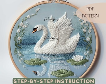 Swan and Water Lilies Embroidery Pattern | Elegant Bird Hand Embroidery PDF | Tranquil Lake Hoop Art Design
