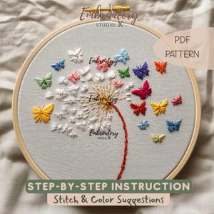Broderie papillon pissenlit | Journée internationale du bonheur | Motif de broderie à la main PDF