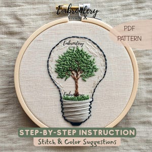 Tree in Light Bulb Embroidery Pattern | Eco-Friendly Embroidery Pattern | Step by Step Beginner Instructions