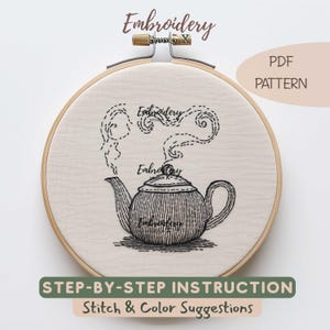 Teapot Embroidery PDF Pattern | Easy Blackwork Line Art Design for Beginners | Minimal Hand Stitch Template for Cozy Kitchen Hoop Decor