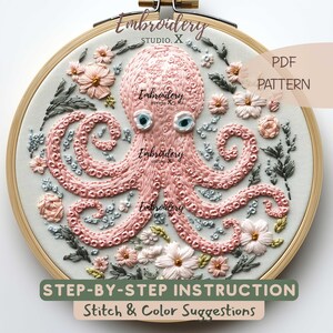 Octopus Embroidery | Floral Octopus Design | Animal and Flower Hoop Pattern PDFv