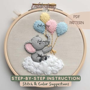Elefante con globos en una nube bordado a mano (PDF) / Costura de animales adorables para la decoración de la habitación del bebé / Instrucciones paso a paso