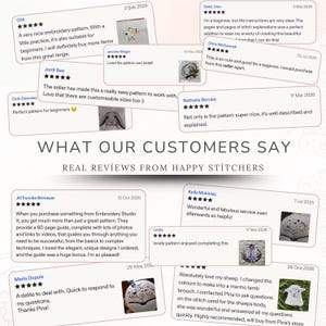May include: Image featuring customer reviews for an embroidery pattern. The reviews are displayed on white cards with star ratings and comments. The text "WHAT OUR CUSTOMERS SAY" is prominently displayed, along with the phrase "REAL REVIEWS FROM HAPPY STITCHERS".