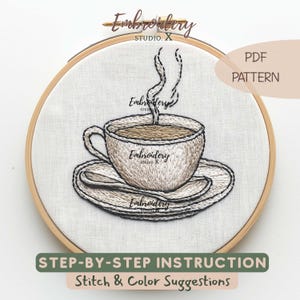 Coffee or Tea Cup Embroidery Pattern PDF | Minimal Modern Hoop Design for Beginner | Easy Blackwork Hand Stitch Template for Cozy Home Decor