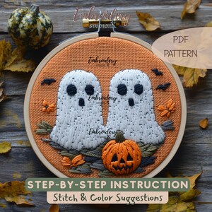 Two Cute Ghosts, Pumpkin & Bats Hand Embroidery Pattern: Beginner PDF with Step-by-Step Written Instructions