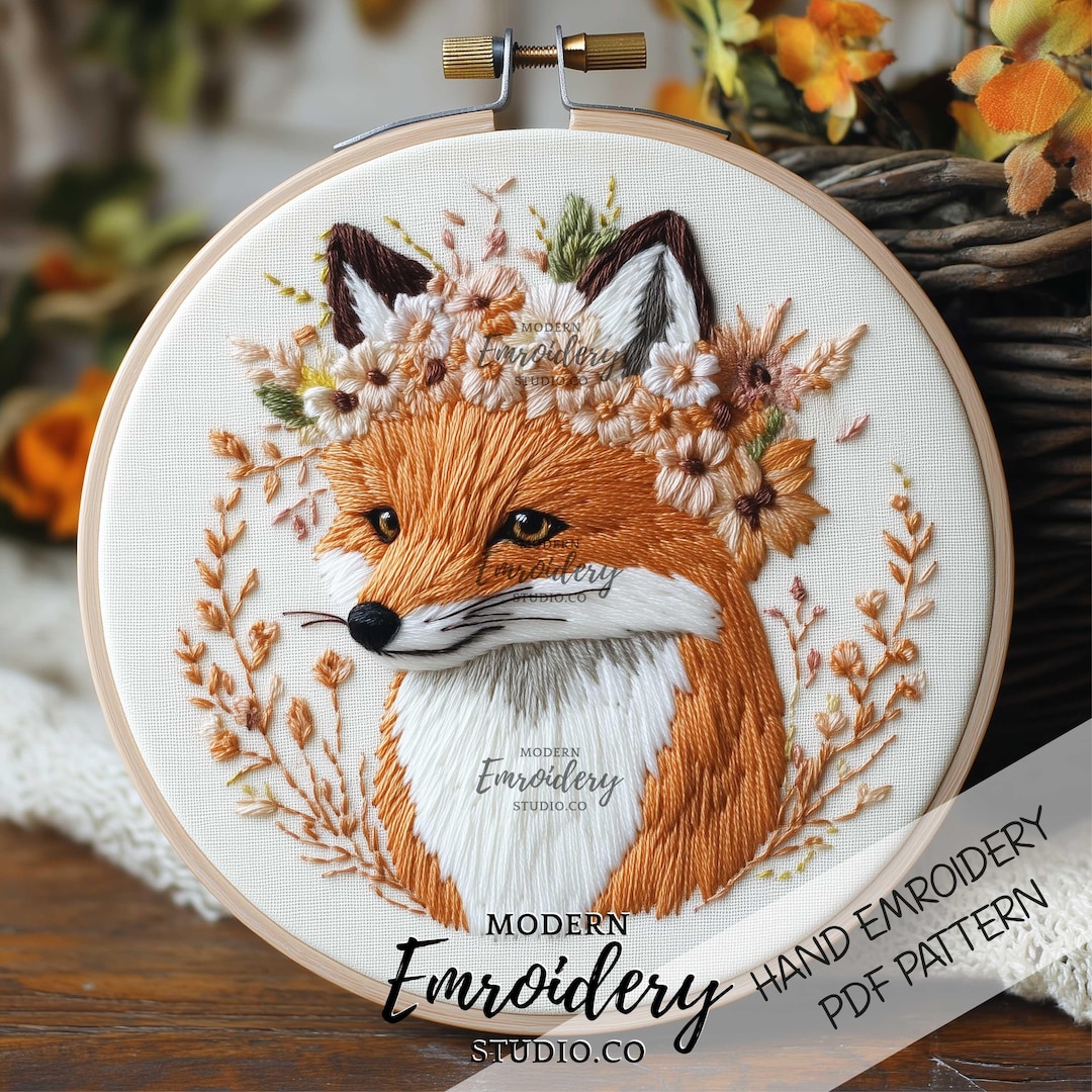 Fox With Flower Crown Embroidery Pattern | Realistic Woodland Animal ...
