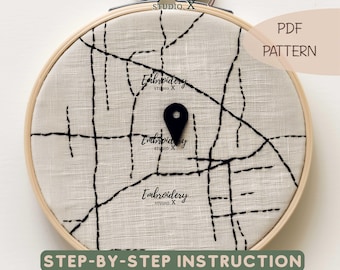 Landkarte und Pin Handstickerei PDF | Modernes Reise-Stich-Design | Anfänger freundliche Muster Hoop Art für Abenteuer & Reise-Liebhaber