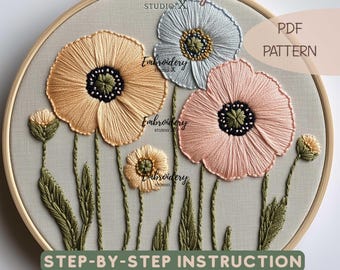 ホワイトアネモネの刺繍パターン：初心者向け花柄デザイン（PDF