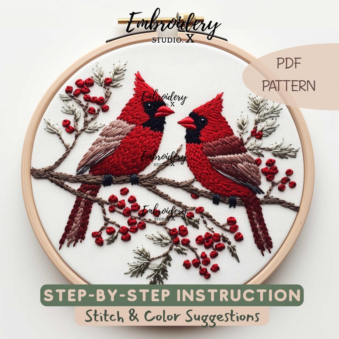Cardinal Birds Embroidery Pattern | Winter Red Bird Hand Embroidery PDF ...
