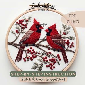 Cardinal Birds Embroidery Pattern | Winter Red Bird Hand Embroidery PDF | Holiday Stitching for Cozy Hoop Art & DIY Craft Gift