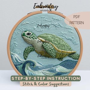 Sea Turtle Embroidery Pattern | Ocean Waves Wildlife Hand Embroidery PDF | Modern Needlepoint & DIY Hoop Art