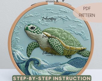 Sea Turtle Embroidery Pattern | Ocean Waves Wildlife Hand Embroidery PDF | Modern Needlepoint & DIY Hoop Art