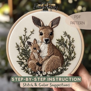 Kangaroo with Baby Embroidery Pattern | Animal Hand Embroidery PDF | Nature-Inspired DIY Thread Art & Printable Needlework Design