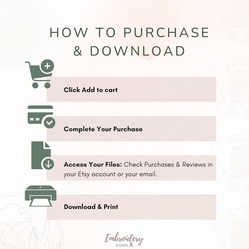 May include: Infographic titled "How to Purchase & Download" with steps: Click Add to cart, Complete Your Purchase, Access Your Files, and Download & Print. Includes icons of a shopping cart, credit card, document, and printer.