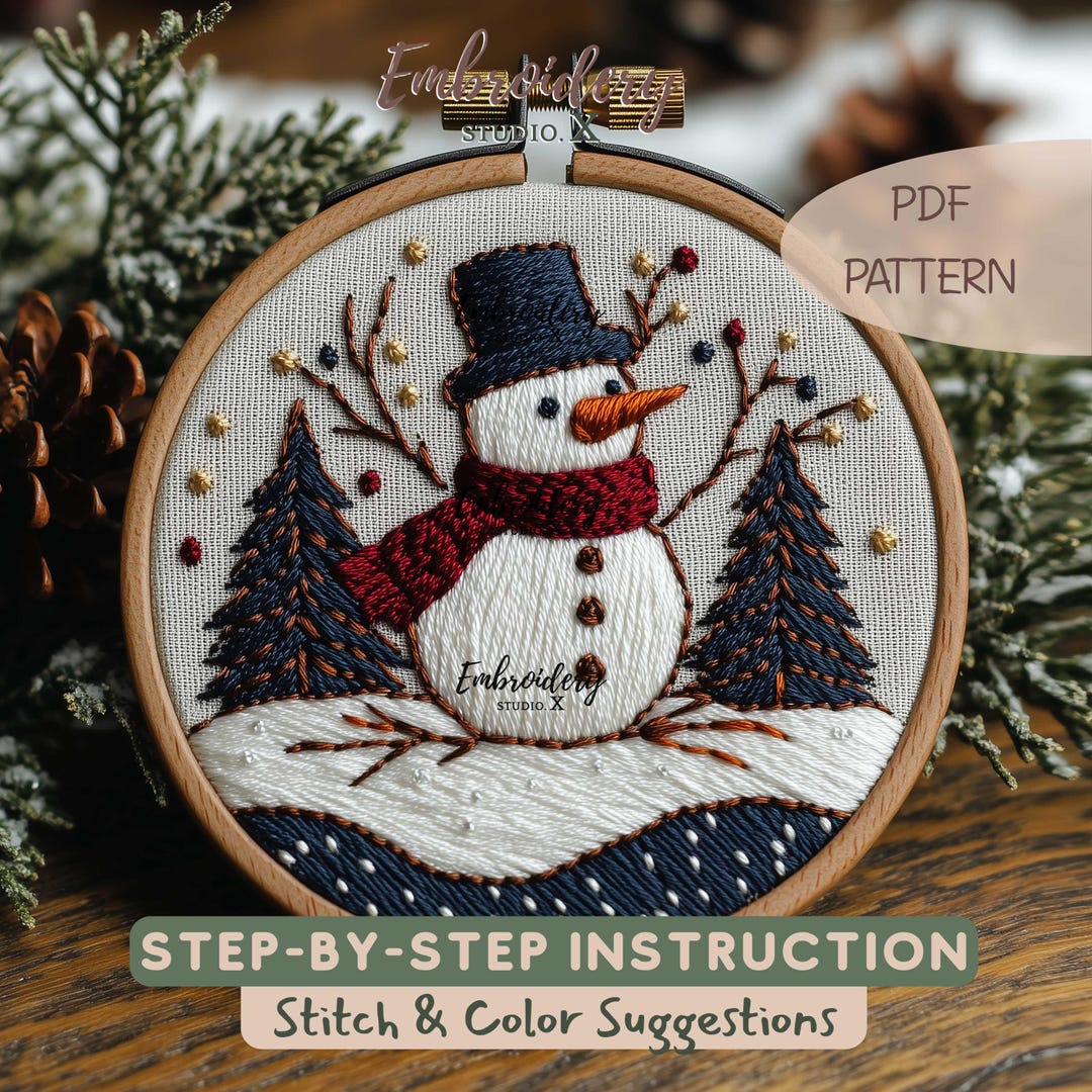 Happy Snowman Embroidery Pattern | Christmas Tree and Snowy Design ...