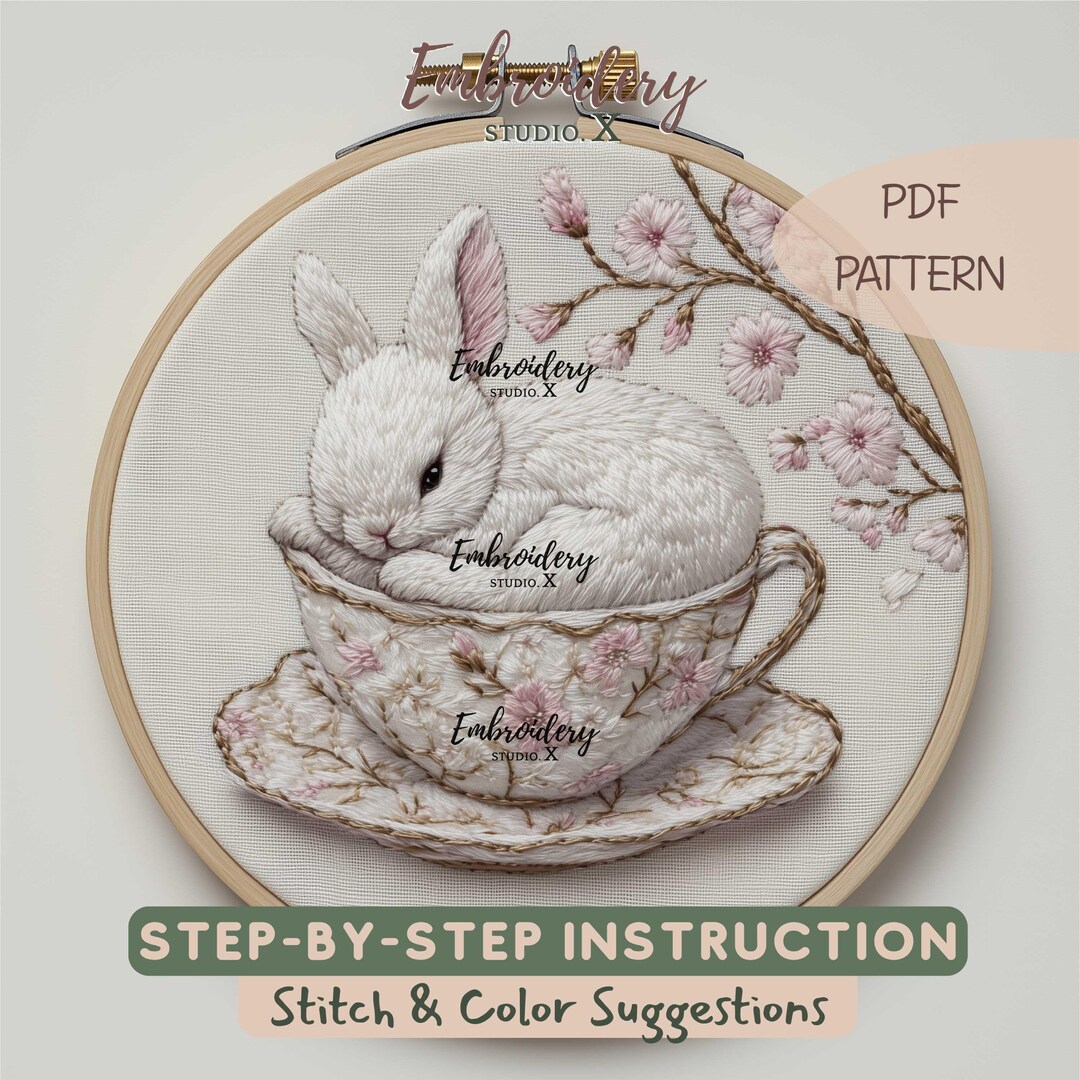 Easter Bunny in Teacup Embroidery Pattern | Floral Spring PDF Design ...