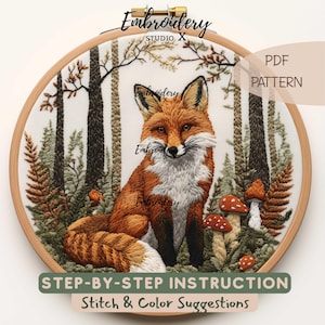 Patrón de bordado de zorro en el bosque / Bordado a mano realista de bosque PDF / Diseño de costura de zorro DIY / Diseño de arte de aro natural