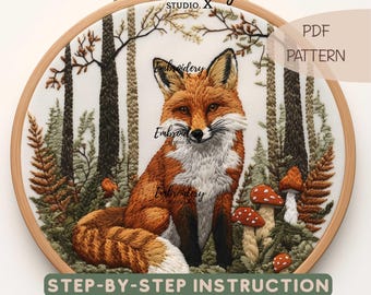 Fox in the Forest Embroidery Pattern | Realistic Woodland Hand Embroidery PDF | DIY Fox Stitching Design | Nature Hoop Art Design