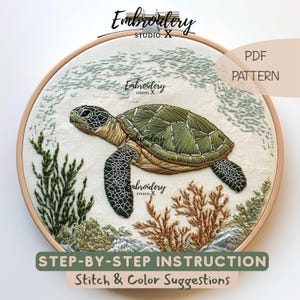 ウミガメの刺繍パターン | 海と野生動物の手刺繍PDF | 夢のようなホリデープロジェクトと大人のクラフト | DIYスレッドアート