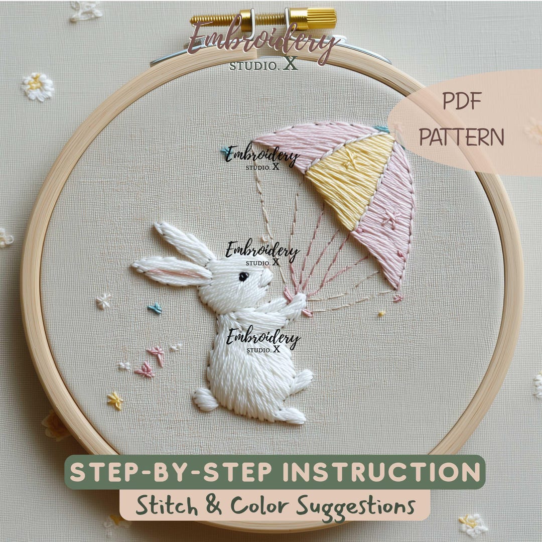 Cute Bunny Embroidery Pattern | Whimsical Umbrella and Cute Animal ...