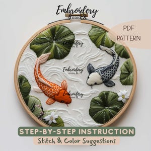 Yin Yang Koi Embroidery Pattern | Tranquil Koi Fish Hand Embroidery PDF | Nature-Inspired Stitching Design image 1