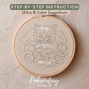 Patrón de bordado de gatito e hilo / Adorable bordado a mano de gato en PDF / Diseño acogedor de arte de aro y costura para manualidades textiles imagen 2