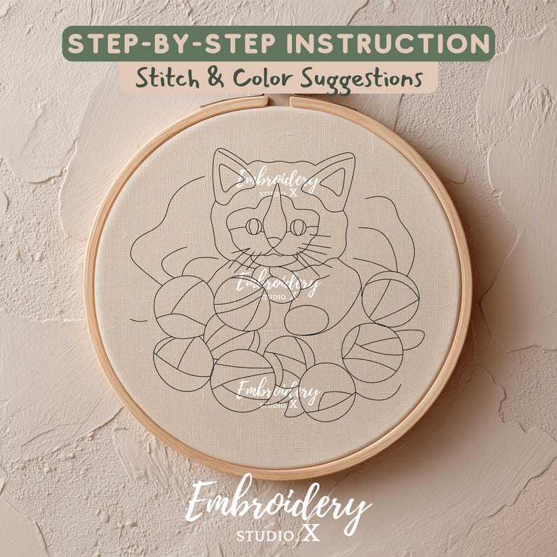 Patrón de bordado de gatito e hilo / Adorable bordado a mano de gato en PDF / Diseño acogedor de arte de aro y costura para manualidades textiles imagen 2