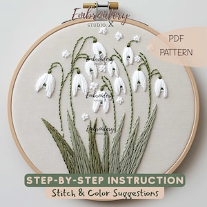 Borduurpatroon sneeuwklokje - wit botanisch ontwerp sneeuwklokje voor hoepelkunst | PDF DIY bloemenborduurwerk voor beginners en gevorderden