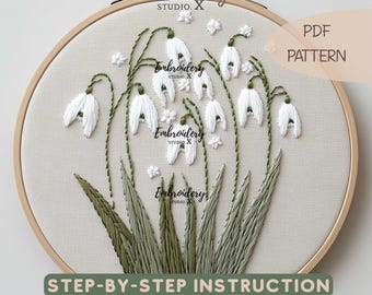 Patrón de bordado de campanillas de invierno: diseño botánico de campanillas de invierno blancas para bordado floral DIY (PDF) para principiantes y expertos.