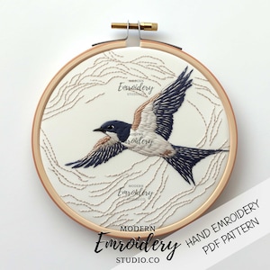 Swallow Embroidery Pattern | Flying Bird Needlepoint PDF | Minimalist Animal Hoop Art & DIY Stitching