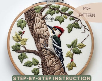 Woodpecker Embroidery Pattern | Realistic Bird Hand Embroidery PDF | Forest Wildlife Hoop Art Design