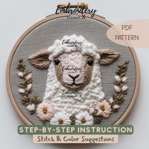 Patrón de bordado de oveja linda / Bordado a mano de cordero lanudo PDF / Costura rústica de granja con diseño floral y arte de hilo