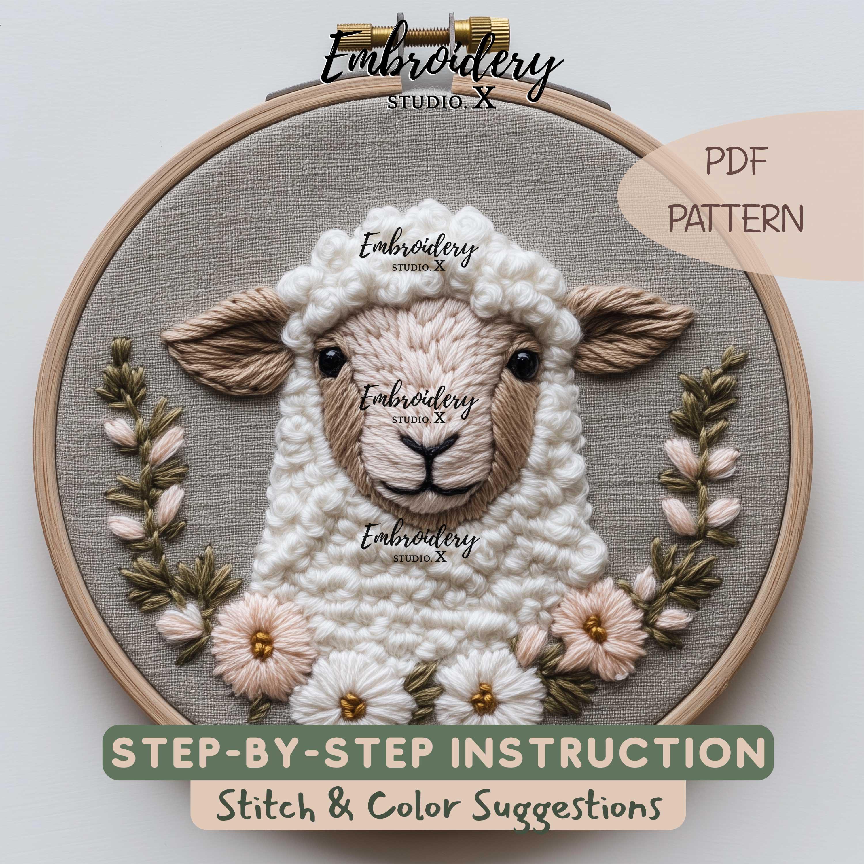 かわいい羊の刺繍パターン | 羊毛の手刺繍 PDF | 花と糸を使った素朴な