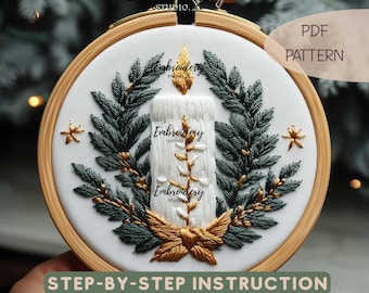 Weihnachtskerze Stickdatei | Kranz Stickdatei | Festlicher Kranz DIY Weihnachtskunst | Kreative Stickdatei für die weihnachtliche Dekoration