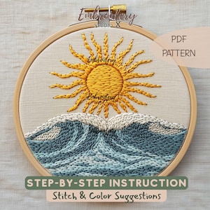 Sun and Ocean Waves Embroidery Pattern PDF | World Happiness Day Hand Embroidery Design | DIY Modern Hoop Art for Happiness and Positivity