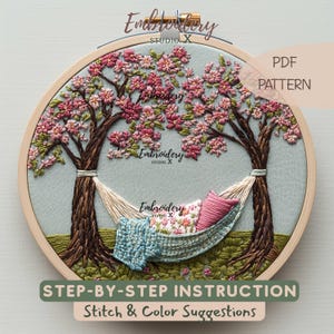 Spring Hammock Embroidery Pattern PDF | Cherry Blossom Hand Stitch Design | DIY Hoop Art for World Happiness Day