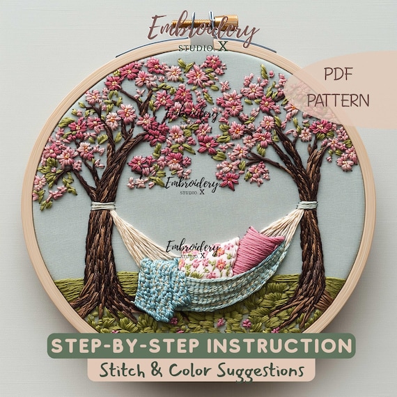 Spring Hammock Embroidery Pattern PDF | Cherry Blossom Hand Stitch Design | DIY Hoop Art for World Happiness Day