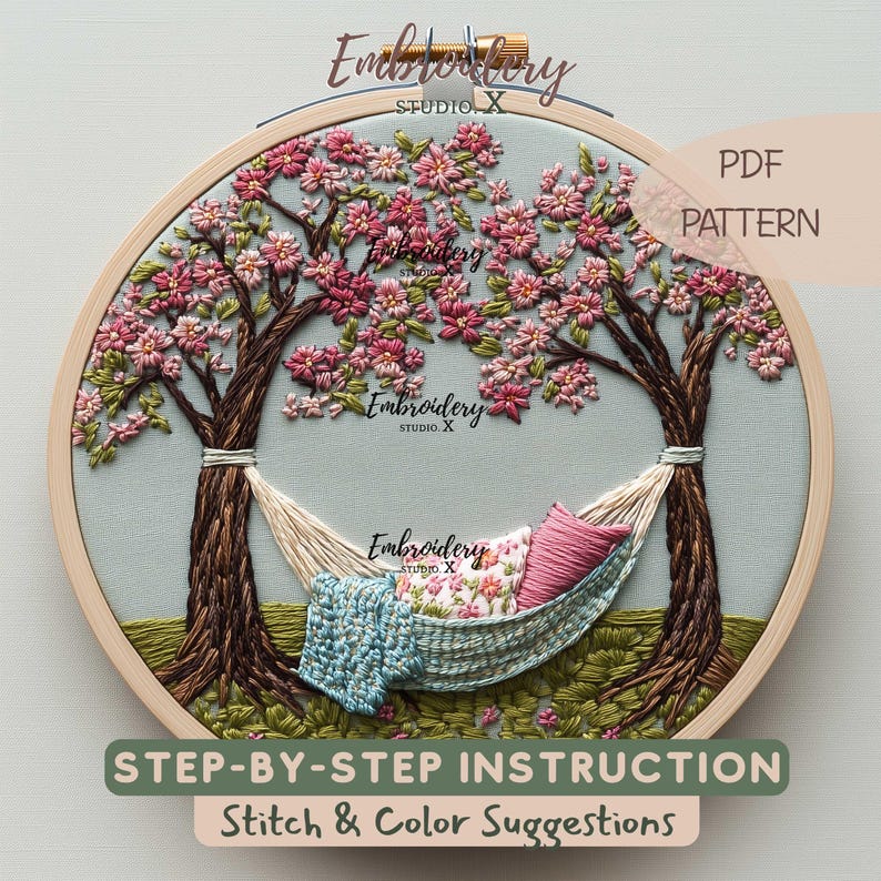 Spring Hammock Embroidery Pattern PDF | Cherry Blossom Hand Stitch Design | DIY Hoop Art for World Happiness Day image 1