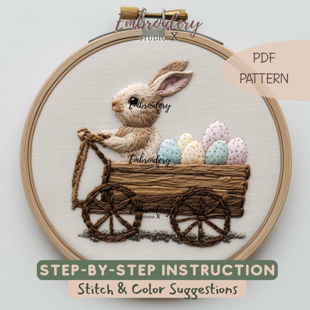 Easter Bunny Embroidery Pattern in Wagon With Eggs | Spring Rabbit PDF ...
