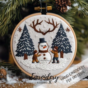 Happy Snowman and Children Embroidery PDF Pattern | Snowy Landscape and Christmas Trees | DIY winter activity