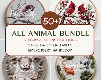 Animal Hand Embroidery Pattern Bundle – Step-by-Step Instructions, Wildlife & Pet Design PDF