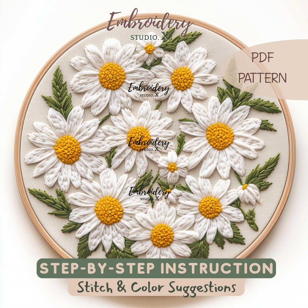 Daisies Embroidery Pattern - Wild Daisy Meadow Floral PDF for Flower ...