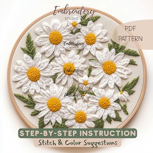 Broderimönster med prästkragar - Vild prästkrageäng Blommor PDF för blomsterramskonst och sommar DIY-projekt
