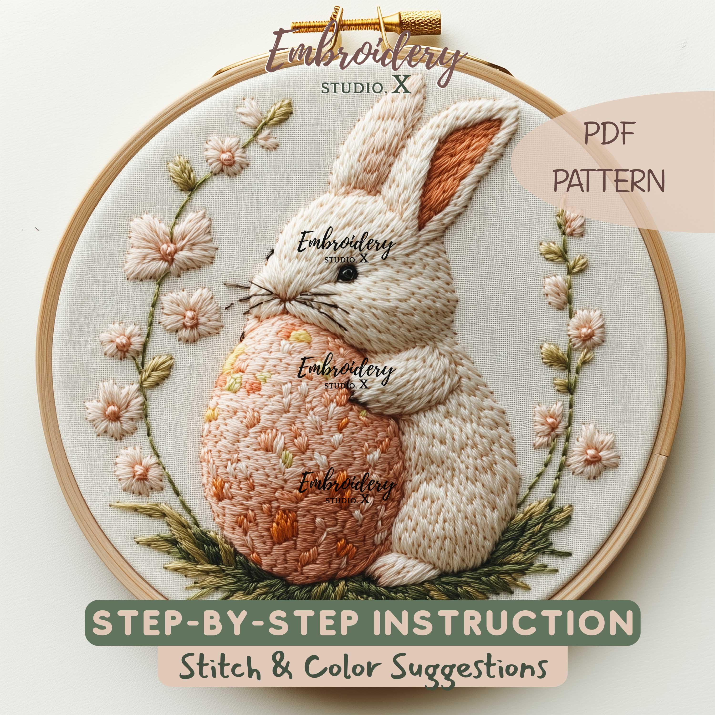 Easter Bunny Holding Big Egg Embroidery Pattern | Cute Rabbit PDF ...