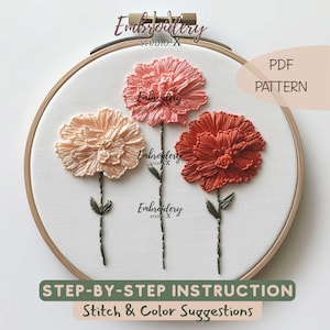 Carnation Embroidery Pattern PDF - Birth Flower Hoop Art | Floral PDF Pattern for Flower Embroidery Enthusiasts