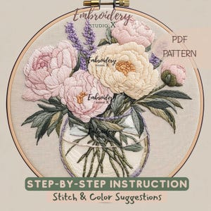 Peony Embroidery PDF Pattern | Glass Jar Floral Design | Modern Flower Embroidery Pattern for Beginners | DIY Home Decor Embroidery Template